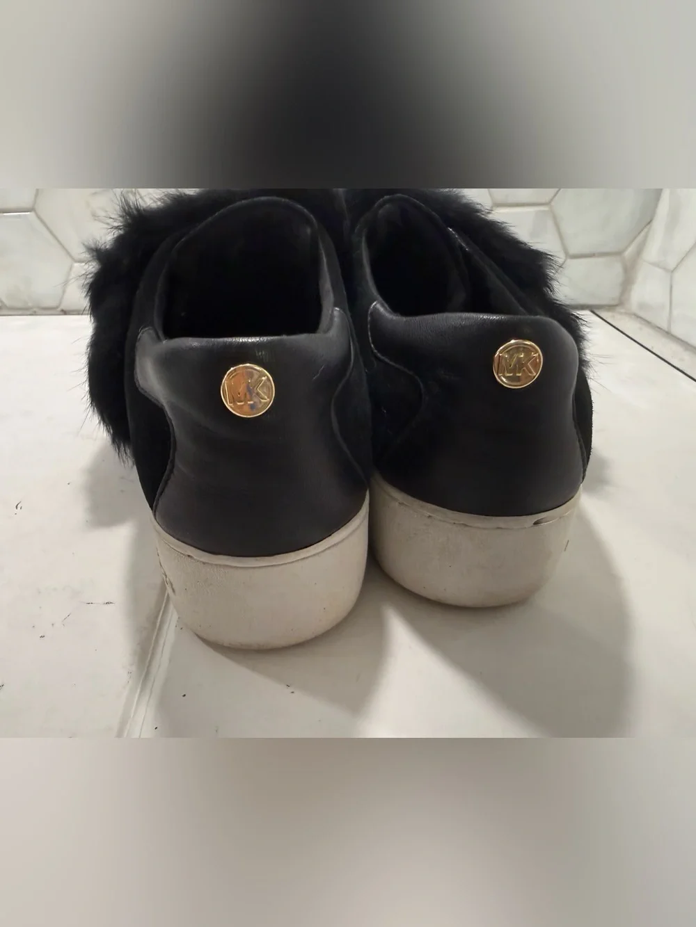 Michael Kors Maven Black Suede Slipon Sneakers Fur Cuff Sz 8.5 Chic Comfort
